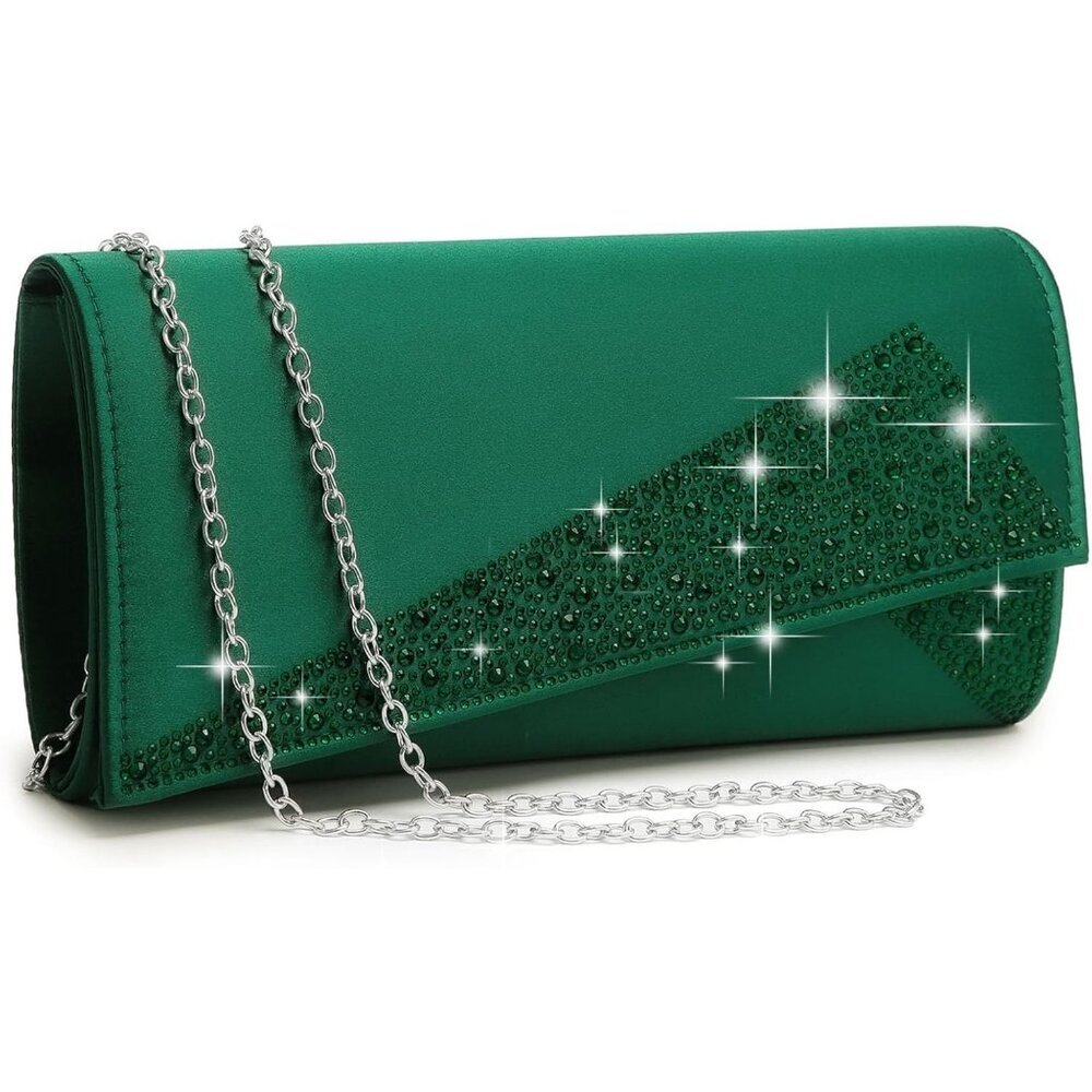 Women's Green Satin Rhinestone Evening Clutch Bag Sparkle Glitter Purse